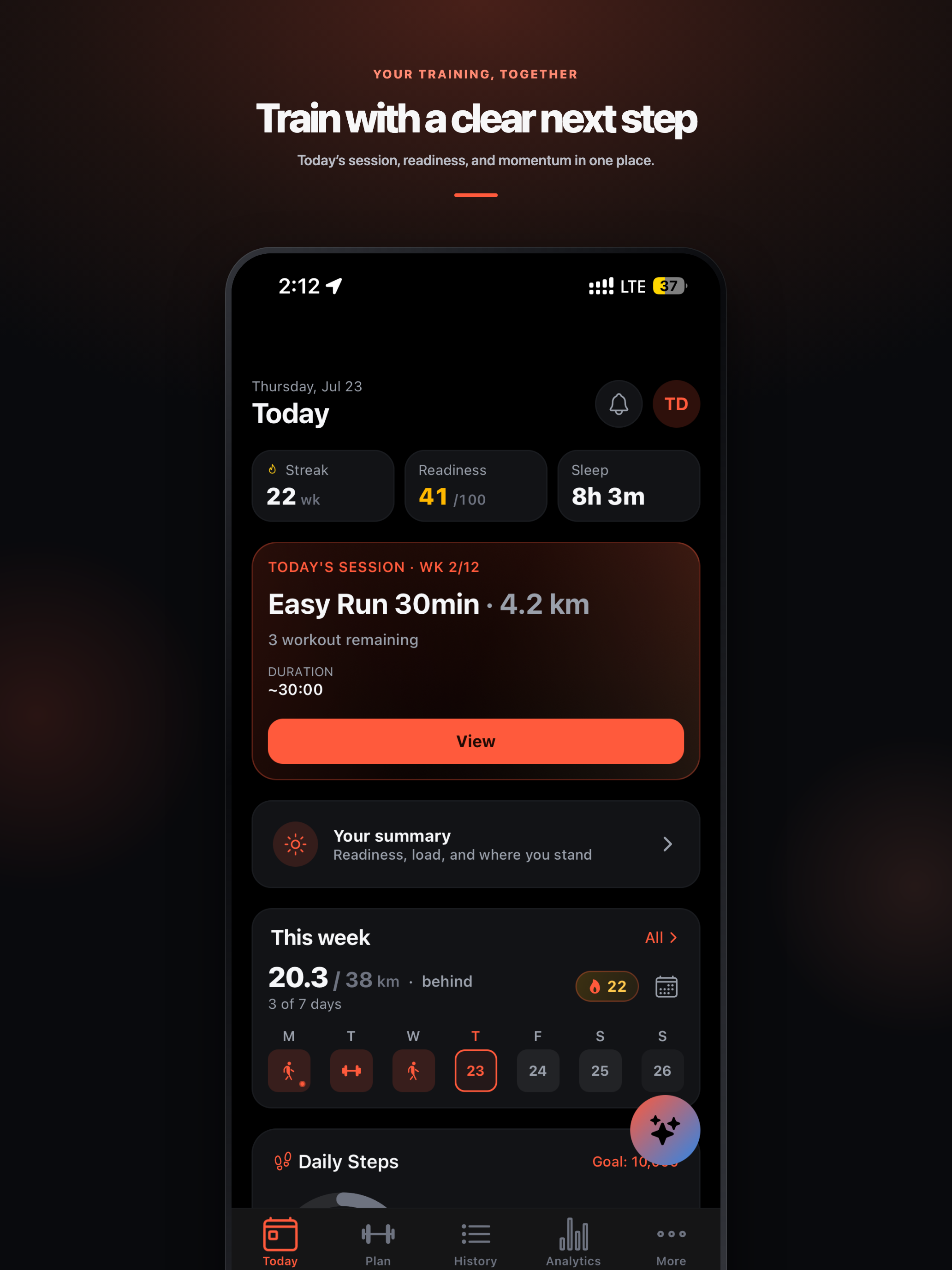 EverRun Today screen with readiness, training session, weekly activity, and daily steps